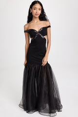 Glamorous Sequin Off Shoulder Cutout Organza Fishtail Evening Maxi Dress