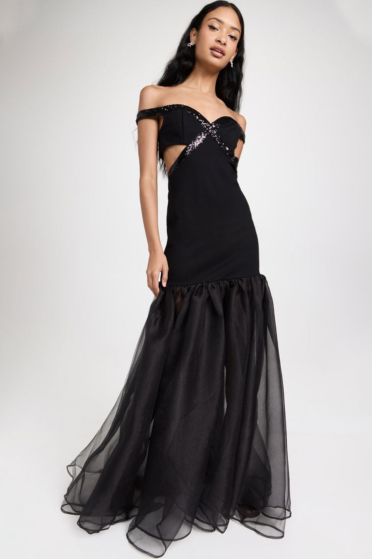 Glamorous Sequin Off Shoulder Cutout Organza Fishtail Evening Maxi Dress