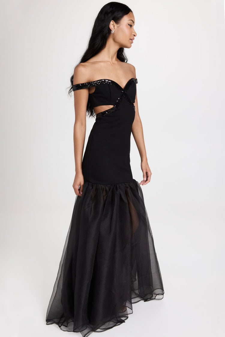 Glamorous Sequin Off Shoulder Cutout Organza Fishtail Evening Maxi Dress