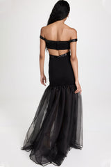 Glamorous Sequin Off Shoulder Cutout Organza Fishtail Evening Maxi Dress