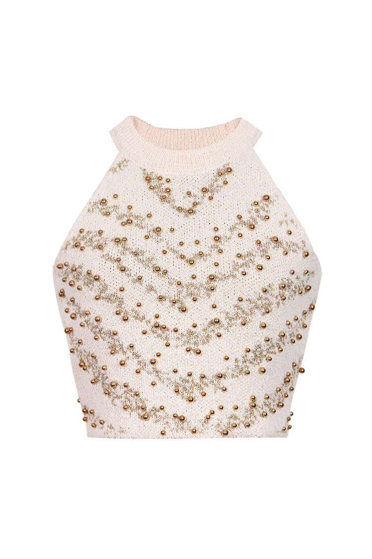 Glitter Lurex Bead Embellished Round Neck Sleeveless Crop Knit Top