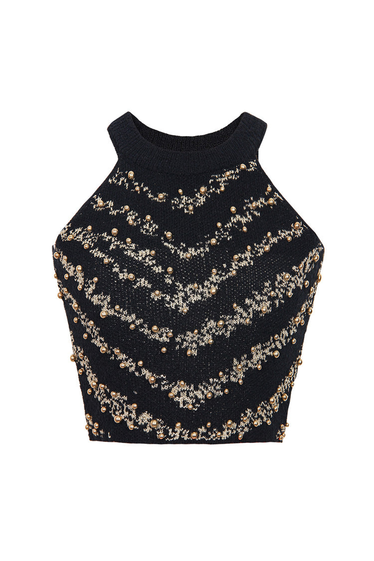 Glitter Lurex Bead Embellished Round Neck Sleeveless Crop Knit Top