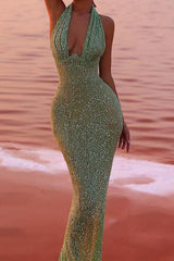 Glitter Ruched Plunge Halter Bodycon Sequin Mermaid Evening Maxi Dress