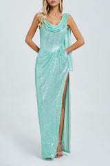 Goddess Cowl Neck Ruched Drop Waist High Slit Sequin Evening Maxi Dress