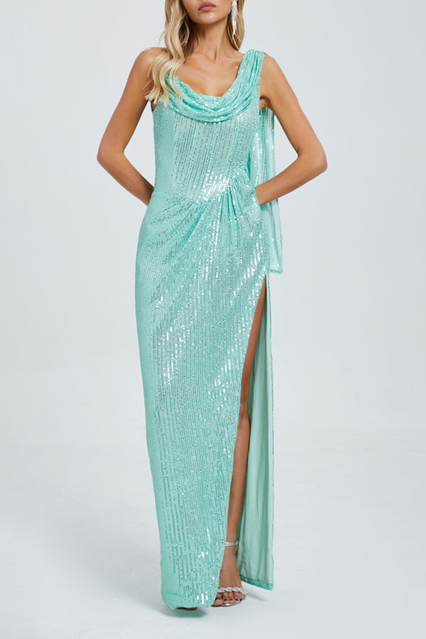 Goddess Cowl Neck Ruched Drop Waist High Slit Sequin Evening Maxi Dress