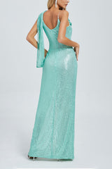 Goddess Cowl Neck Ruched Drop Waist High Slit Sequin Evening Maxi Dress