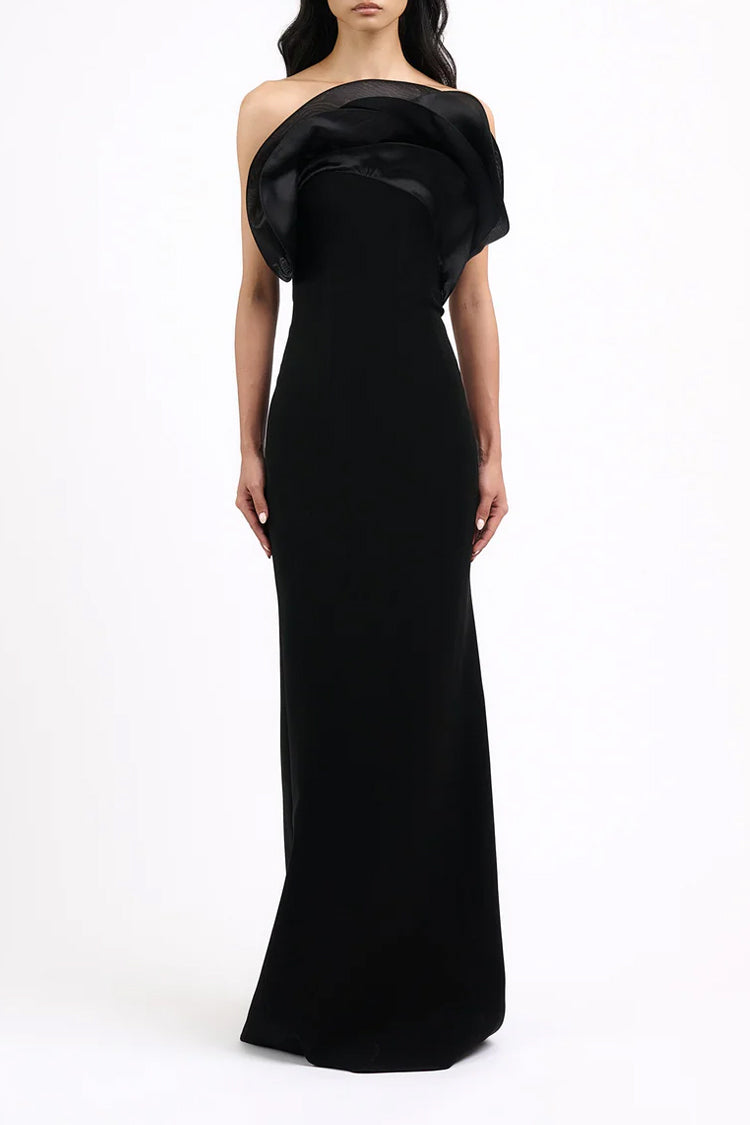 Graceful Layered Petal Trim Draped Strapless Crepe Evening Maxi Dress