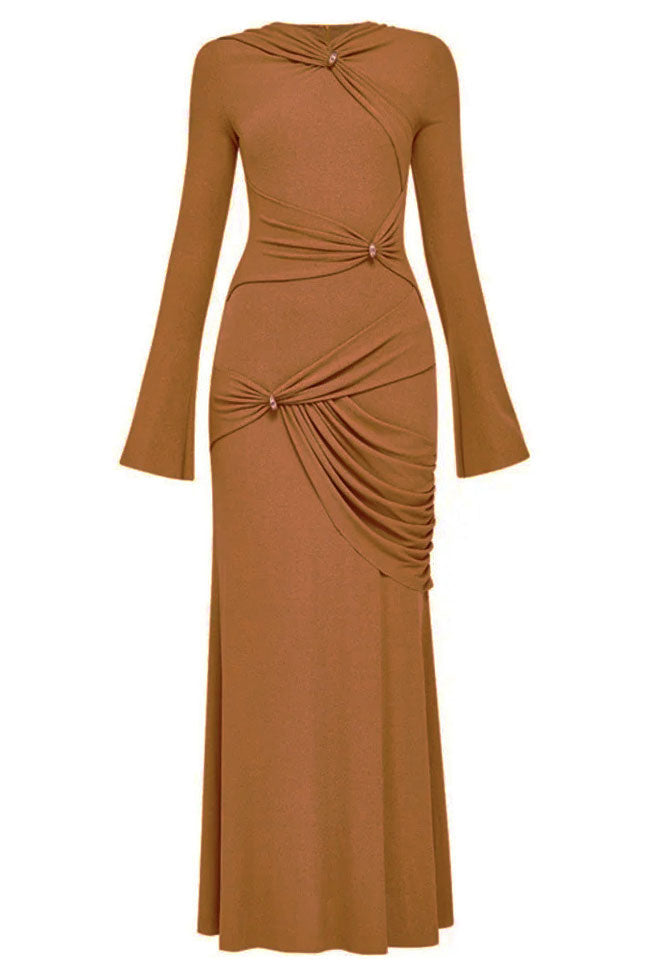 Graceful Metallic Knot Ruched Detail Jersey Evening Maxi Dress Brown Rosedress 4138