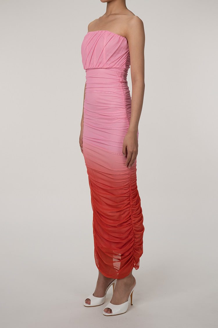 Gradient Strapless Mesh Ruched Bodycon Corset Evening Maxi Dress - Pink