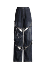 High Street Cone Rivet Metallic Chain High Waist Wide Leg Cutout Jeans