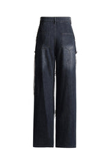 High Street Cone Rivet Metallic Chain High Waist Wide Leg Cutout Jeans