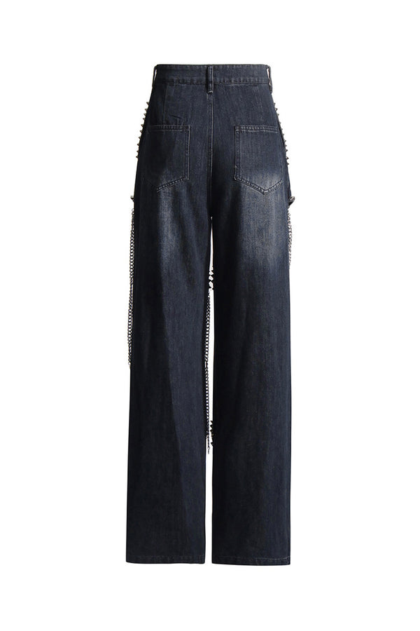 High Street Cone Rivet Metallic Chain High Waist Wide Leg Cutout Jeans