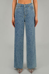 Intricate Letter Jacquard High Waist Wide Leg Light Wash Full Length Jeans