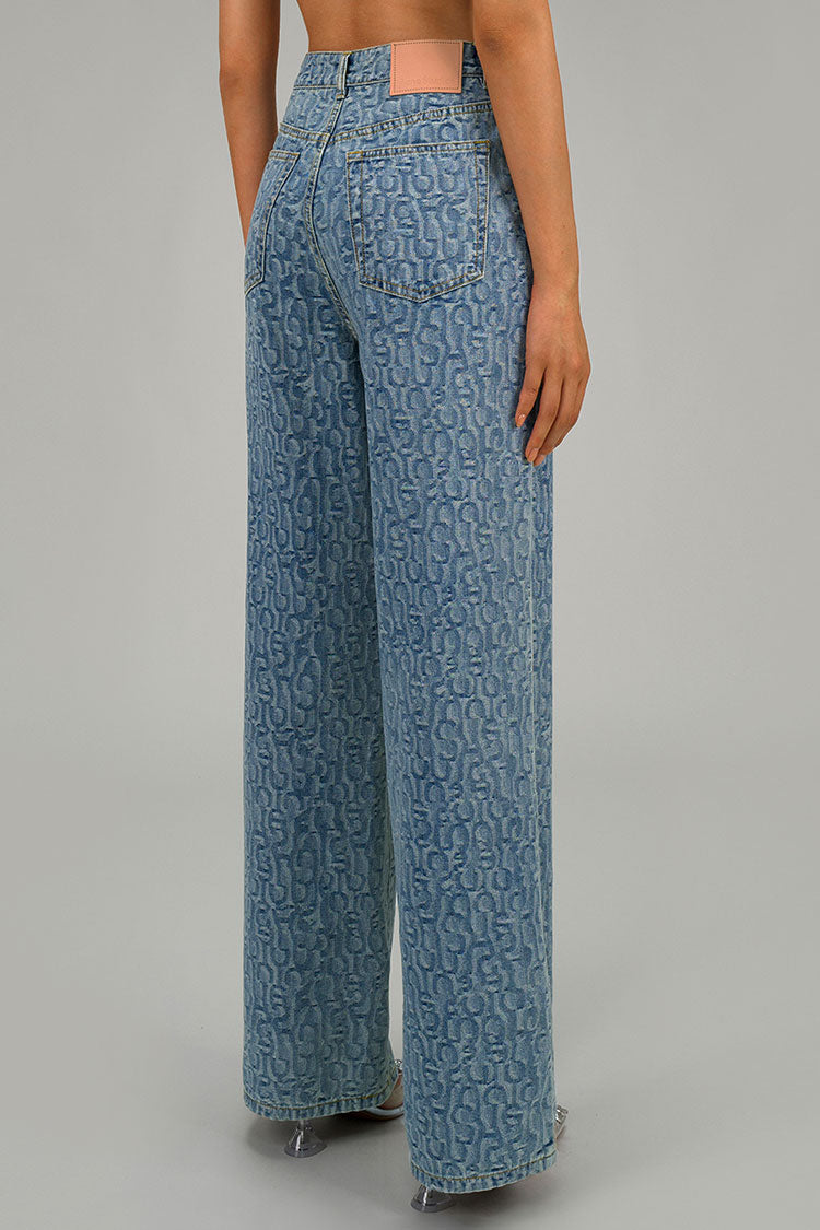 Intricate Letter Jacquard High Waist Wide Leg Light Wash Full Length Jeans