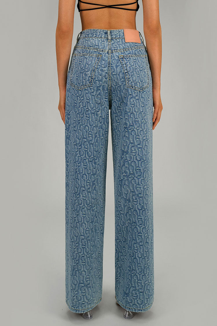 Intricate Letter Jacquard High Waist Wide Leg Light Wash Full Length Jeans