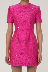 Intricate Sequin Lurex Jacquard Floral Crew Neck Short Sleeve Party Mini Dress