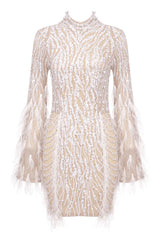 Lavish Feather Beaded Mock Neck Sheer Mesh Sequin Party Mini Dress