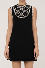 Lavish Rhinestone & Pearl Crew Neck Sleeveless A Line Crepe Party Mini Dress