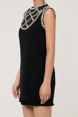 Lavish Rhinestone & Pearl Crew Neck Sleeveless A Line Crepe Party Mini Dress