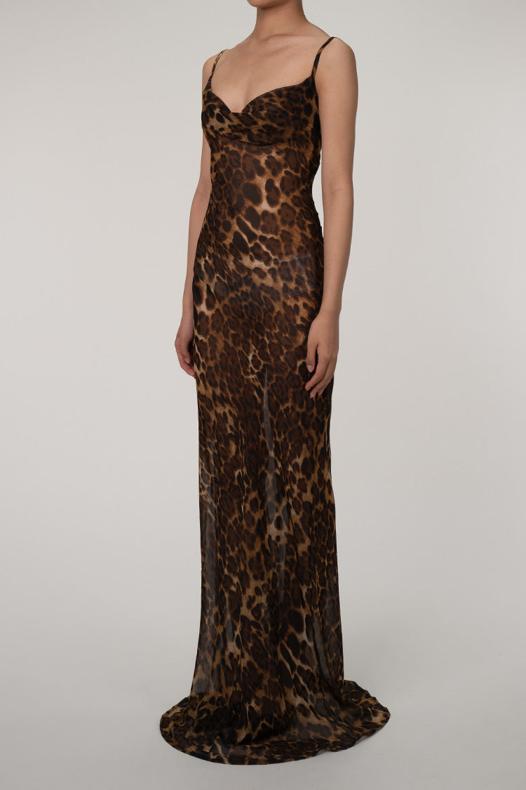 Leopard Spaghetti Strap Cowl Neck Chiffon Slip Maxi Dress - Coffee