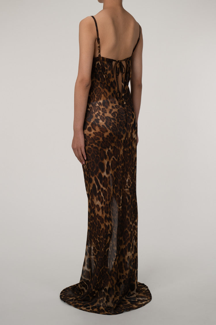 Leopard Spaghetti Strap Cowl Neck Chiffon Slip Maxi Dress - Coffee