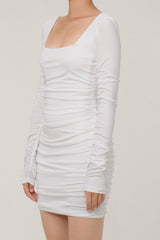 Long Sleeve Square Neck Ruched Bodycon Mini Cocktail Dress - White