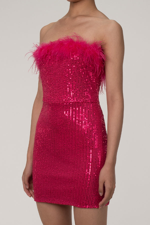 Luxurious Faux Feather Trim Strapless Bodycon Sequin Party Mini Dress