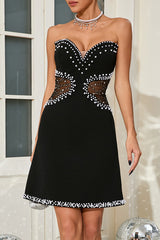 Luxurious Faux Pearl Crystal Bustier Strapless Spliced Mesh Party Mini Dress