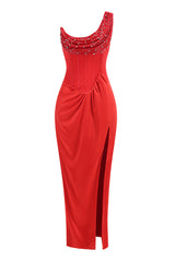 Luxury Crystal Sequin Cowl Neck One Shoulder Corset Satin Formal Maxi Dress