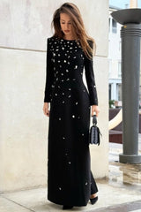 Luxury Crystal Shoulder Pad Crew Neck Long Sleeve Evening Maxi Dress