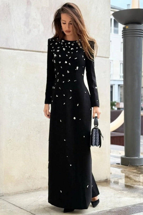 Luxury Crystal Shoulder Pad Crew Neck Long Sleeve Evening Maxi Dress