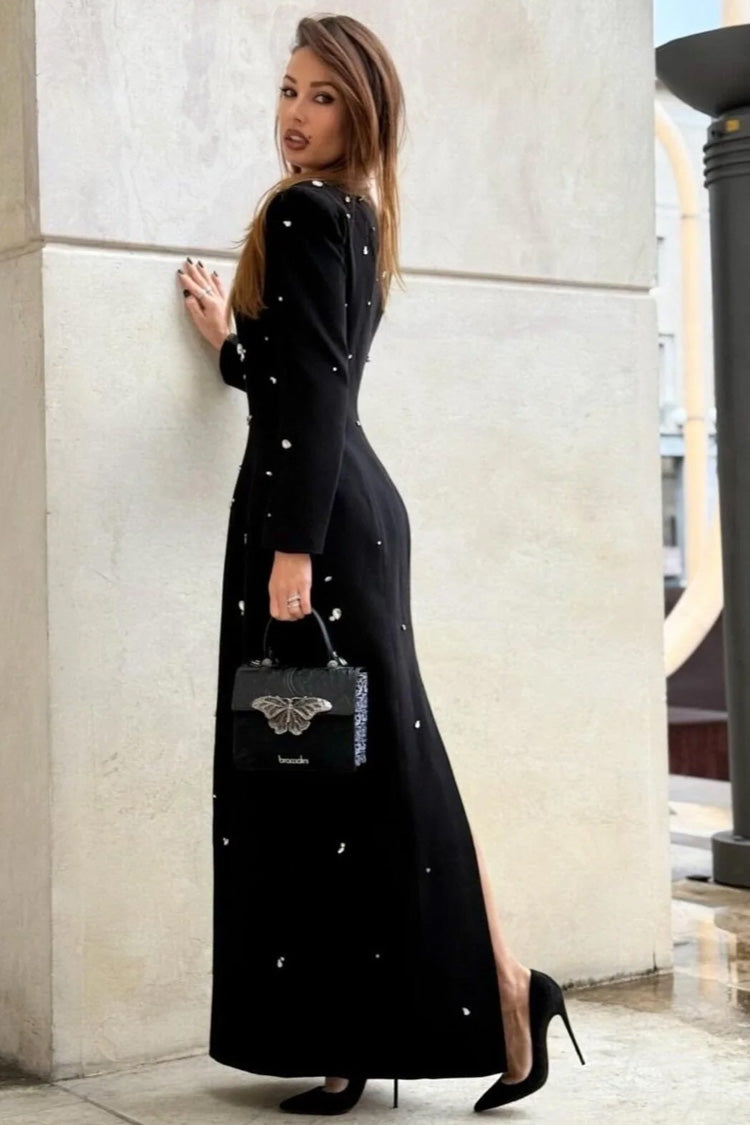 Luxury Crystal Shoulder Pad Crew Neck Long Sleeve Evening Maxi Dress