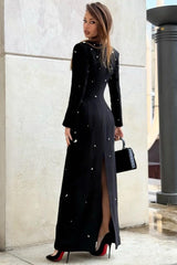 Luxury Crystal Shoulder Pad Crew Neck Long Sleeve Evening Maxi Dress