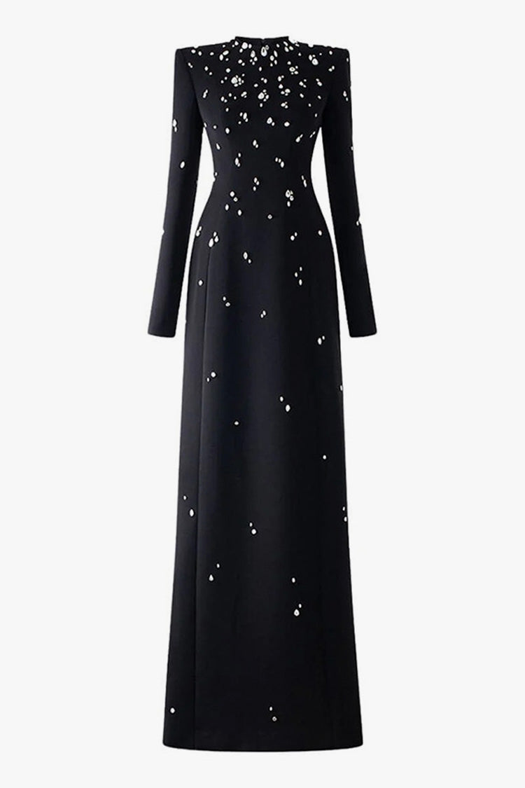 Luxury Crystal Shoulder Pad Crew Neck Long Sleeve Evening Maxi Dress