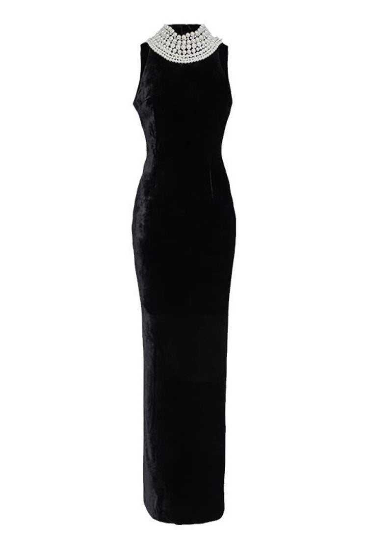 Luxury Faux Pearl Layered Chain Backless Sleeveless Velvet Evening Maxi Dress