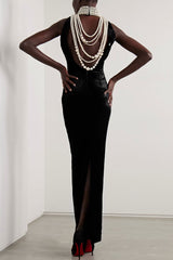 Luxury Faux Pearl Layered Chain Backless Sleeveless Velvet Evening Maxi Dress