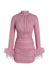 Luxury Feather Trim Long Sleeve Ruched Rhinestone Mesh Party Mini Dress