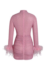 Luxury Feather Trim Long Sleeve Ruched Rhinestone Mesh Party Mini Dress