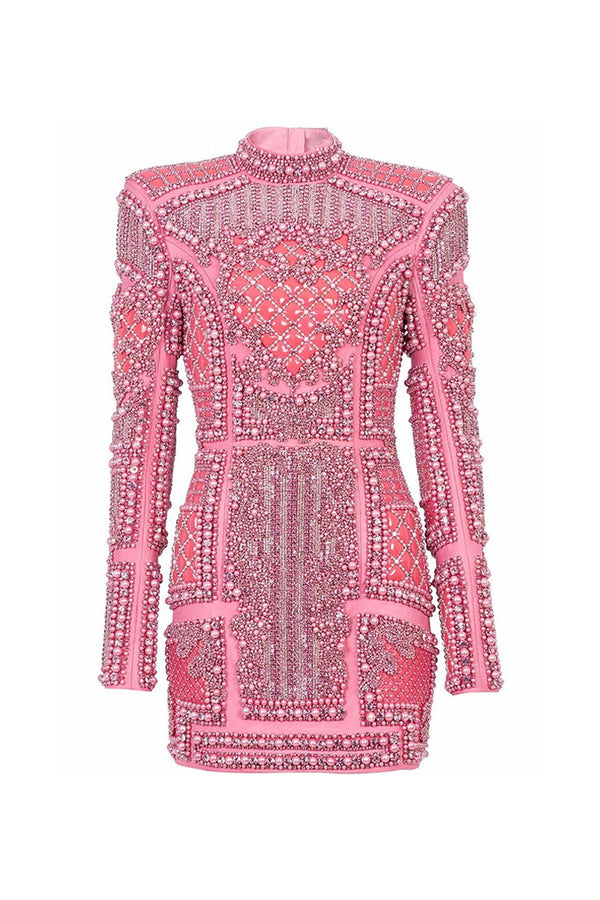 Luxury Jeweled Embellished High Neck Long Sleeve Sequin Party Mini Dress