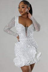 Luxury Plunge Beaded Crystal Mesh Panel Ruffle Bodycon Party Mini Dress