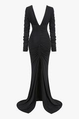 Luxury Plunge Neck Long Sleeve Split Ruched Mermaid Evening Maxi Dress