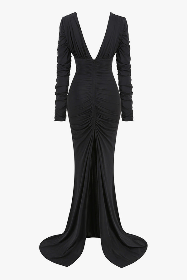 Luxury Plunge Neck Long Sleeve Split Ruched Mermaid Evening Maxi Dress