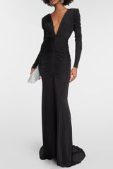 Luxury Plunge Neck Long Sleeve Split Ruched Mermaid Evening Maxi Dress