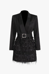 Luxury Shawl Collar Long Sleeve Belted Beaded Feather Blazer Mini Dress