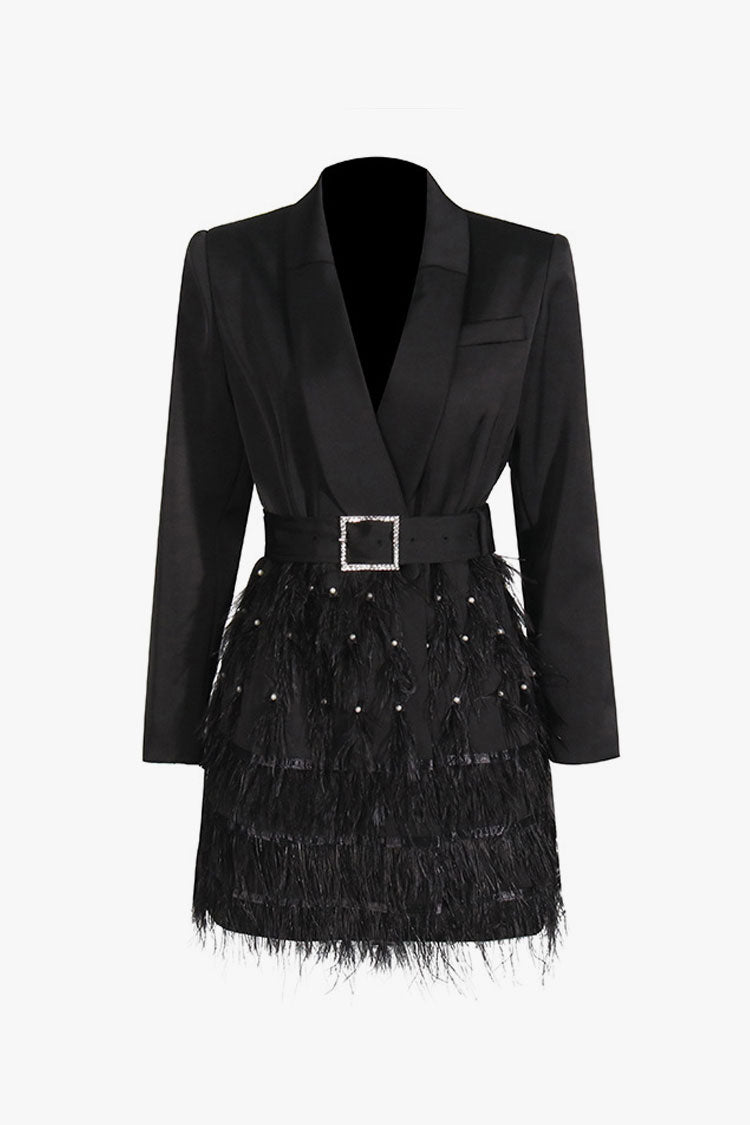 Luxury Shawl Collar Long Sleeve Belted Beaded Feather Blazer Mini Dress