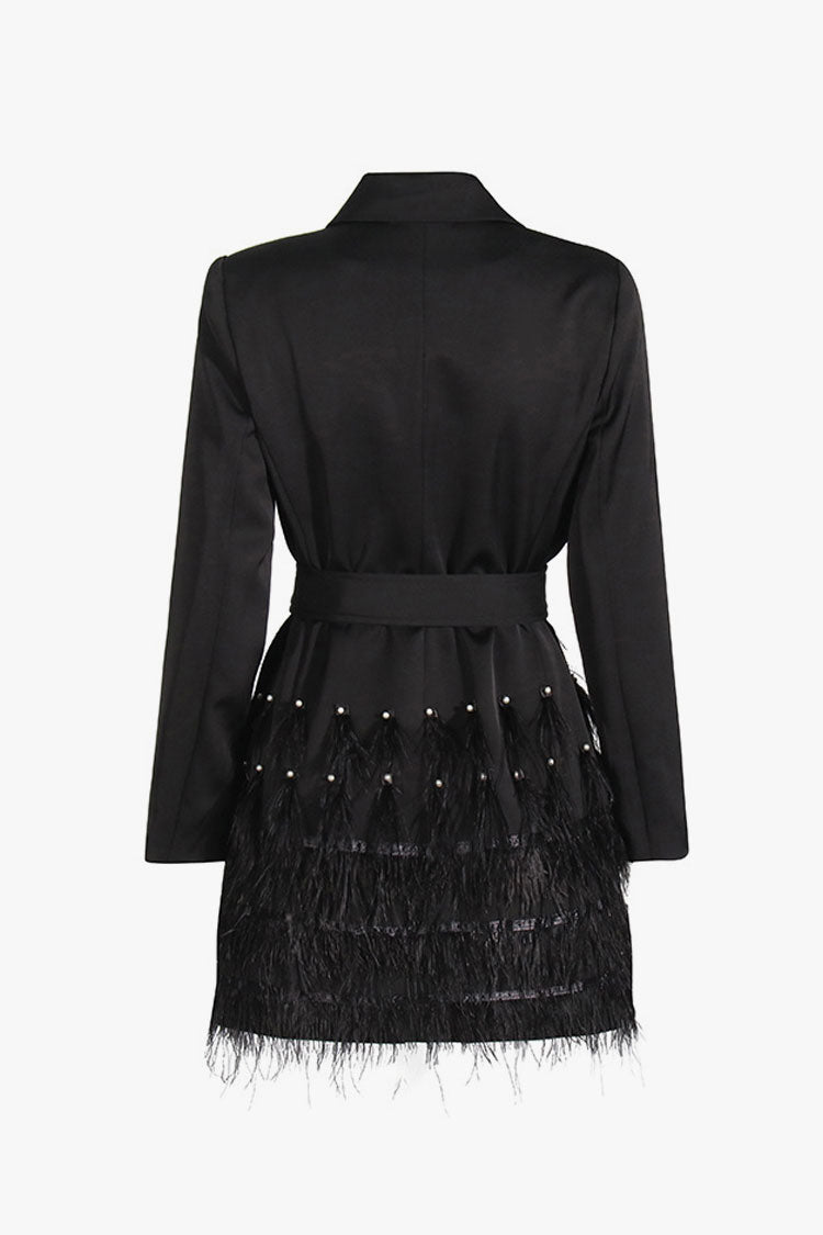 Luxury Shawl Collar Long Sleeve Belted Beaded Feather Blazer Mini Dress