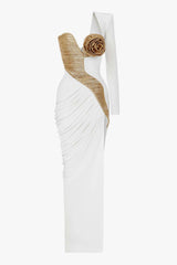 Luxury White and Gold Rose One Shoulder Split Draped Evening Maxi Dress