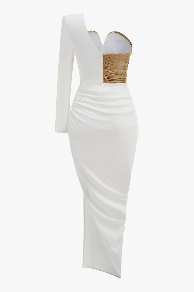 Luxury White and Gold Rose One Shoulder Split Draped Evening Maxi Dress