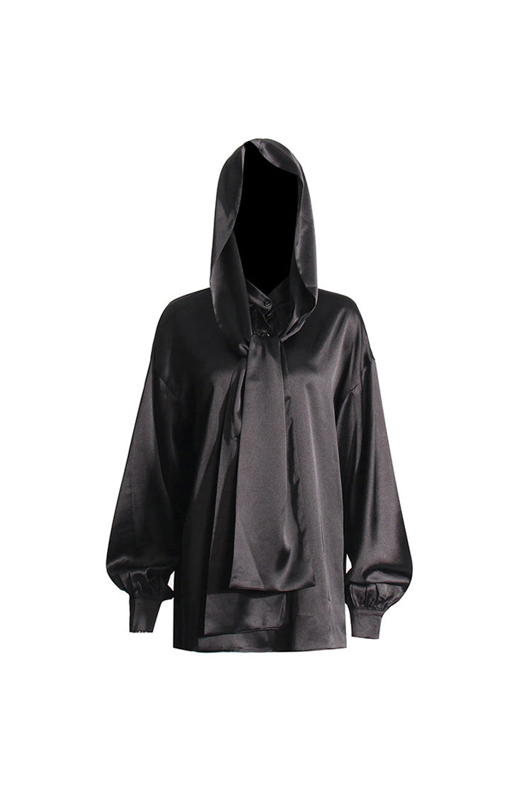 Magical Hooded Button Down Bow Tie Bishop Sleeve Oversized Satin Blous ...