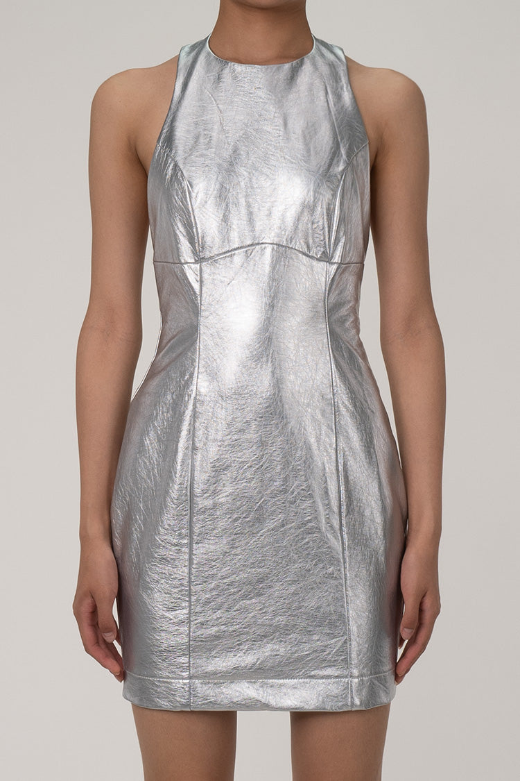 Metallic Halter Crew Neck Sleeveless Bodycon Vegan Leather Mini Party Dress